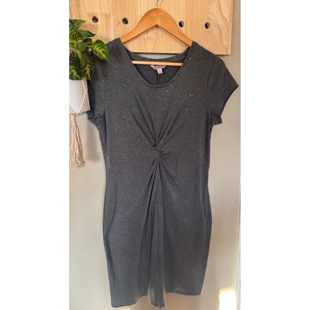 Juicy Couture Womens Gray Glitter Twist Front Short Sleeve Knit Dress Size M